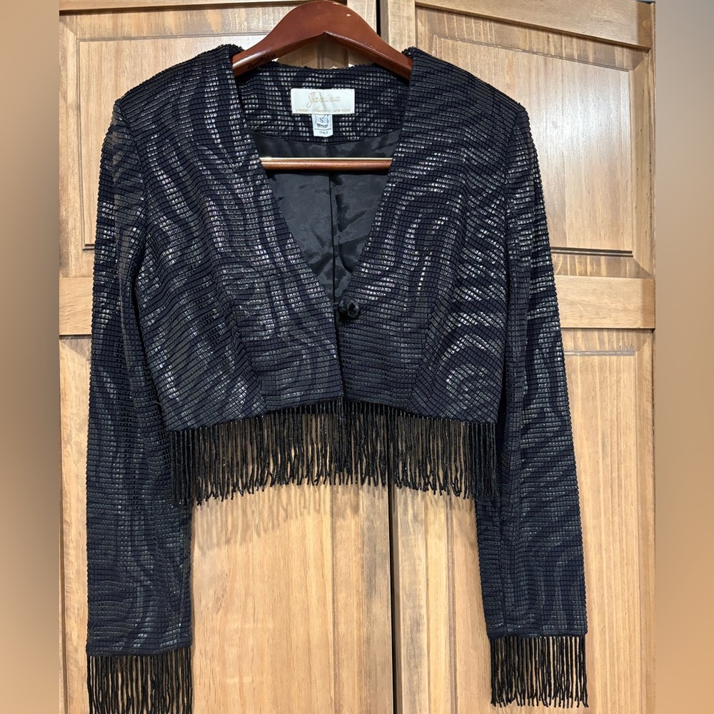 Vintage Janine Of London Fringe Beaded Black Jacket Small